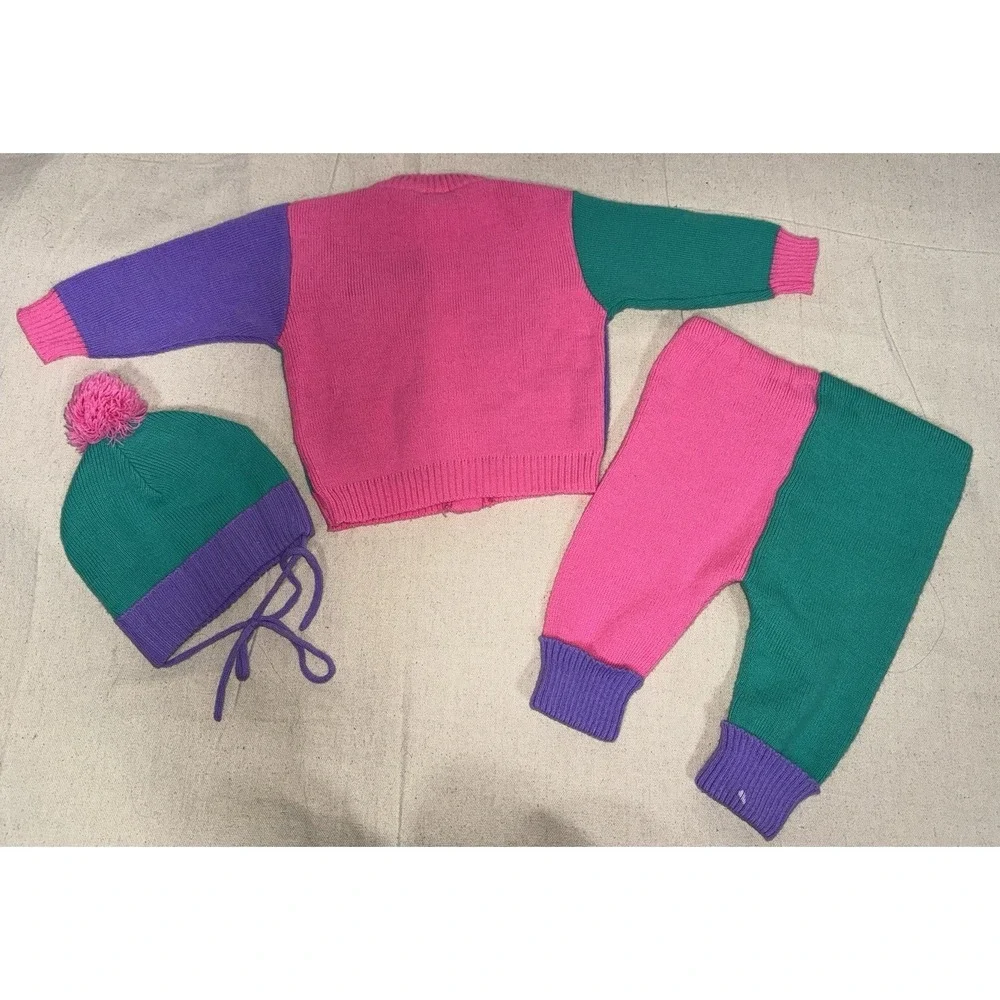 1984 Vtg Disney Babies Minnie Mouse Knit ColorBlock Cardigan Pants Hat Set‎ 0-6M